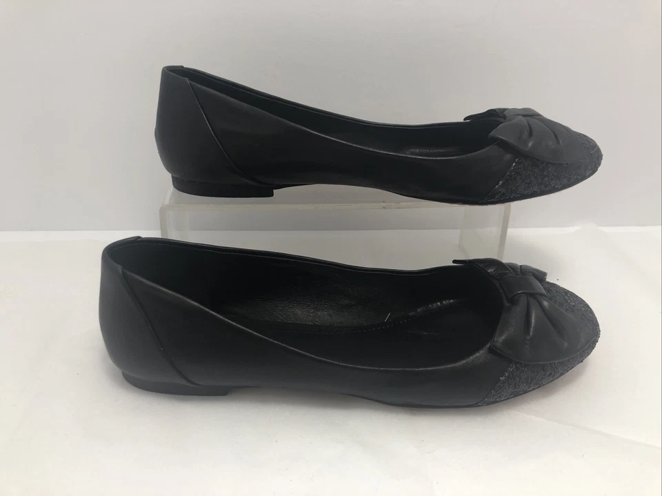 Vince Camuto Womens Ballet Flats Sz 7.5 B Black Leather Omaha w/Bow & Glitter #U - Image 4 of 4