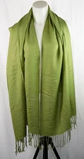 100% Pashmina Green Pashmina Wrap Scarf with Tasseled Ends