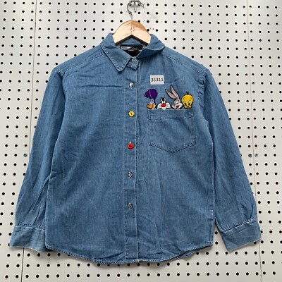 Vintage Looney Tunes Denim Button Shirt Womens Small Blue Pocket 18x22.5