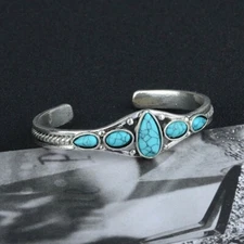 Vintage Boho Silver Turquoise Stone Cuff Bracelet – 60mm Adjustable Bangle