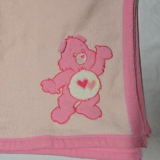 Vintage Pink Care Bears Baby Blanket Embroidered Plush Love A Lot Bear Fleece