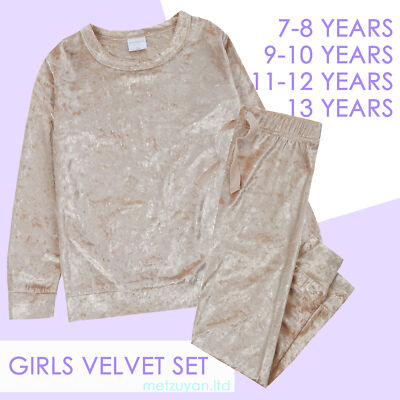 Kids Girls Pyjamas PJ Set Crushed Velvet Set Gold Velour Tracksuit Lounge  Set UK UK