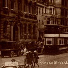 Antique 1920s RPPC Princes Street Edinburgh Car Cable Car Bus People Postcard