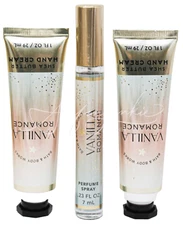 Bath & Body Vanilla Romance Travel Perfume Spray .23 oz + 2 Hand Creams 3pc Set