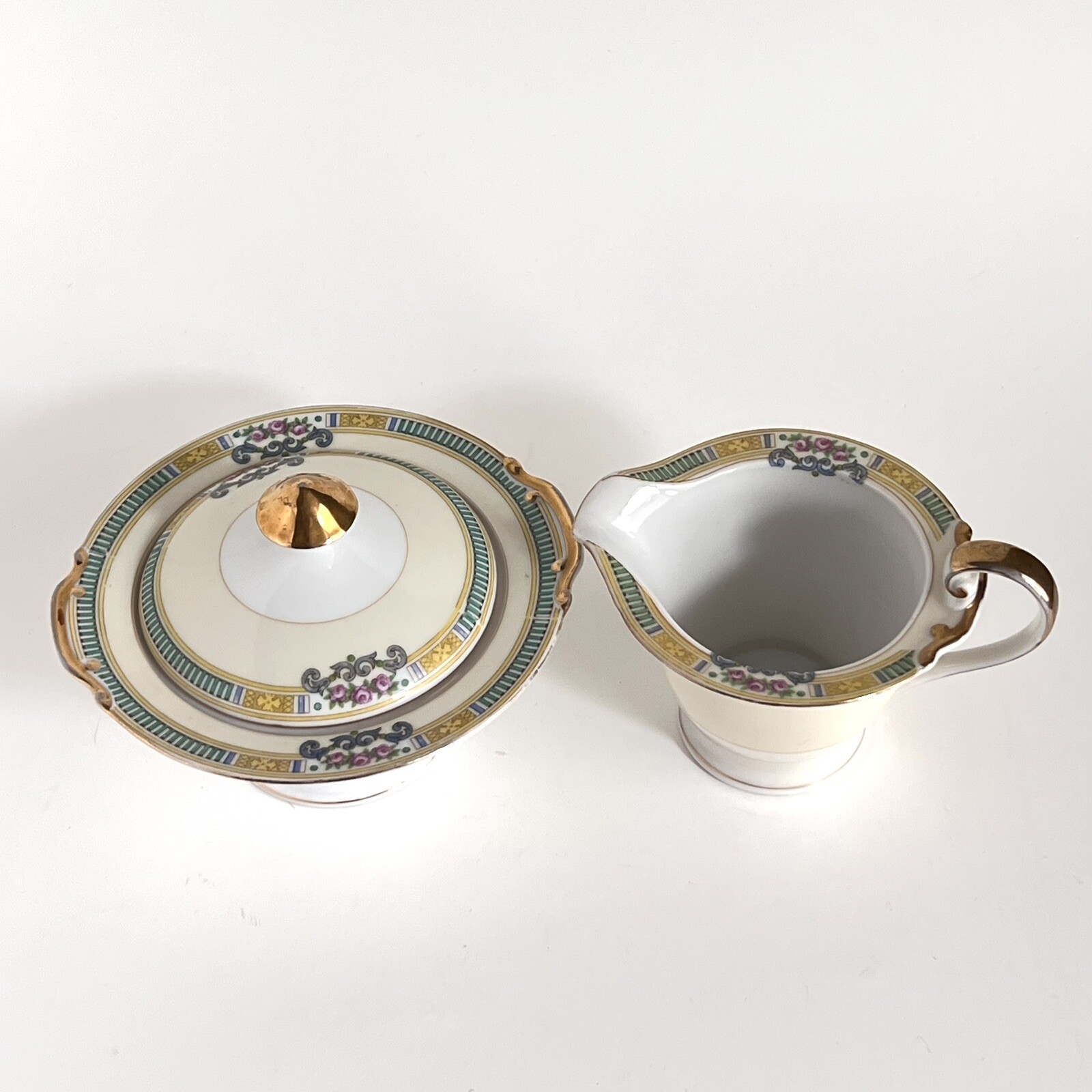 Japan Porcelain China Gold Green Pink Yellow Cream Sugar With Lid Art Deco