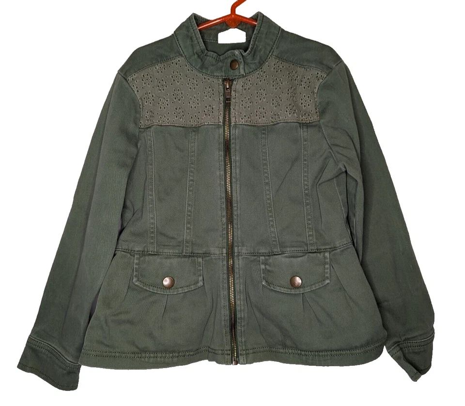 Jeans para niñas talla mediana 7/8 con parche de búho y chaqueta de mezclilla verde Crazy 8 ojales Foto 2 de 4