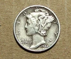 1944  P     MERCURY  SILVER   ACTUAL  COIN                           90210201-06