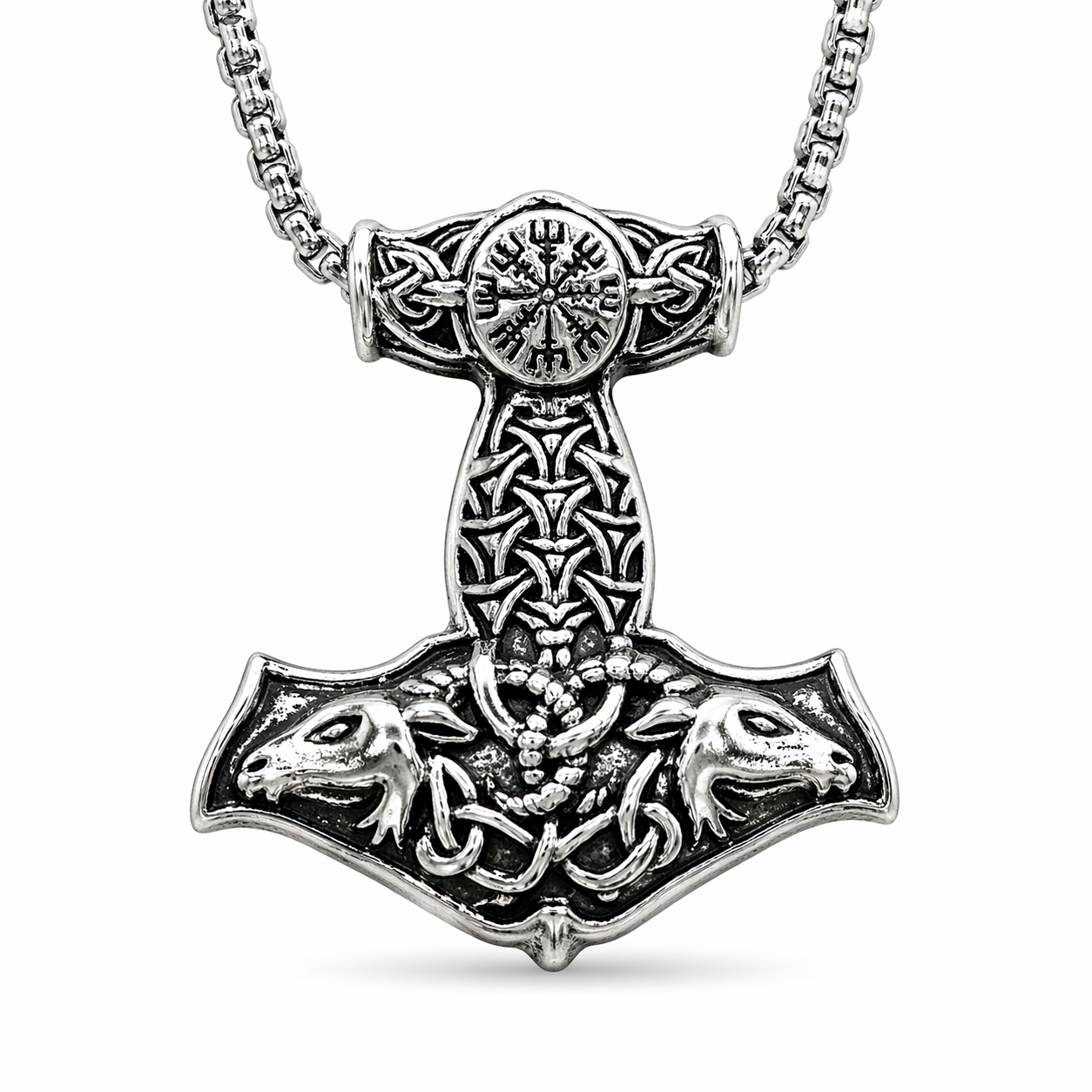 Viking Mjolnir Thor Hammer Necklace Vegvisir Norse Pendant Goat Amulet & Boxed
