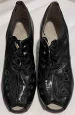 VTG 1930s 1940s Black Leather Peep Toe Oxfords Littleway Process High Arch AS-IS