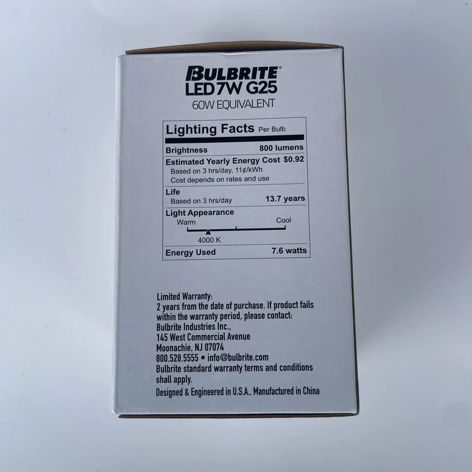 16 Lot - Bulbrite LED Filament Clear Light Bulb 4000K G25 7W 120V Brand New - Image 3 of 4