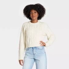 Women's Cozy Cable Crewneck Pullover Sweater - Universal Thread Cream S