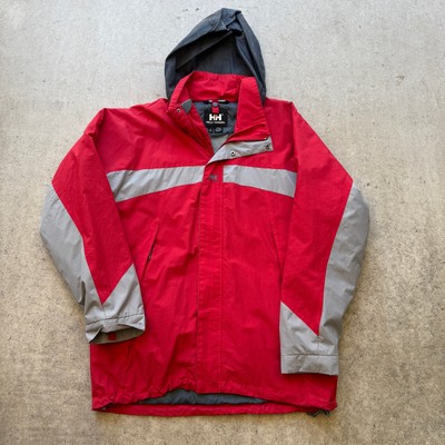 Men's Helly Hansen Red Gray Hooded Zip Up Parka Shell Windbreaker Jacket Sz S