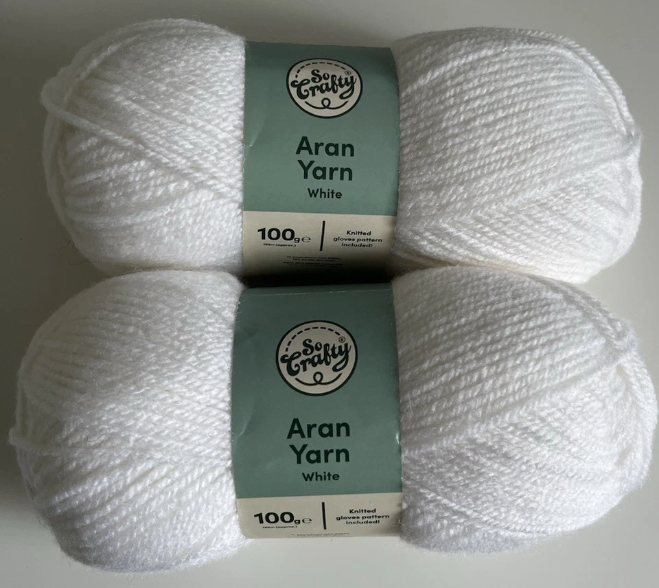 White 2 x 100g balls aran yarn - So Crafty 200g knitting wool 25% wool