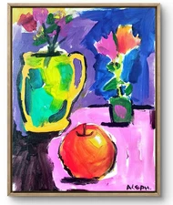 Original Art Apple On Table 14x11  Contemporary Expressionist Kitchen Painting