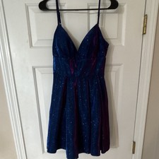 Women’s Blue Purple Glitter V-Neck Strappy Fit & Flare Mini Dress Size S