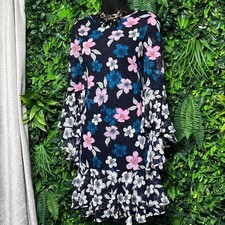 Eliza J Dress Size 8 Navy Blue Floral Bell Sleeve Ruffle Hem Cocktail 3587