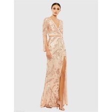 Mac Duggal 5222 Pink Sequined Faux Wrap Split Long Sleeve Gown Size 20 NWT