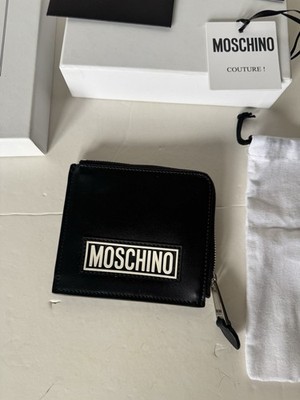 Moschino Logo Print Zip Wallet Black Leather NWT