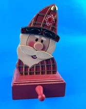 Stocking Holder Rustic Wooden Santa w/ Jingle Bell on Hat Hanger Christmas