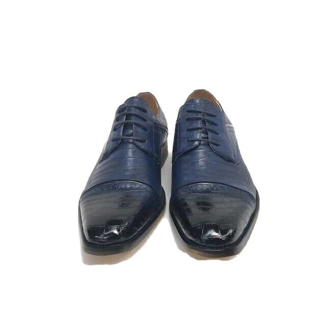 Amali Men's Navy Blue Dress Shoes Crocodile Print Burnished and Cap Toe