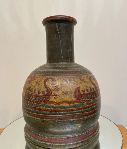 Vintage Italian Pottery Vase | earth tones | engraved viking ships | 1960s - Picture 2 of 3