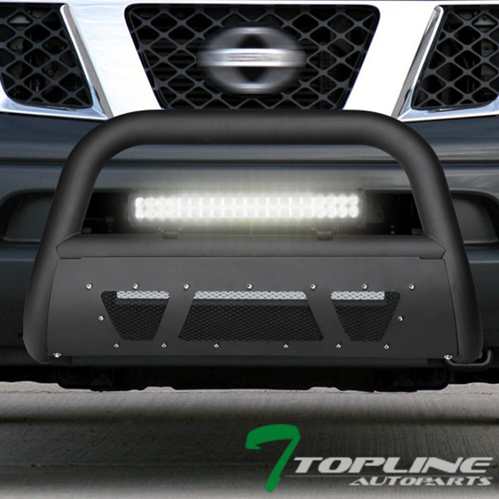 Topline For 05-21 Nissan Frontier Matte Blk Studded Mesh Bull Guard+120W LED Bar