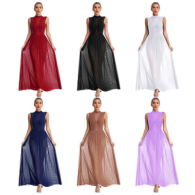 Women Dancewear Jersey Dress Ballet Leotard Sheer Bodysuit Flowy Costume Maxi