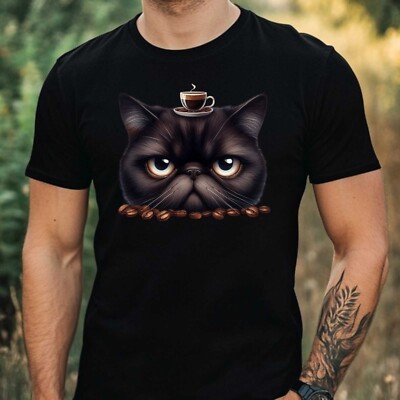 Mens Grumpy Cat Coffee Print Cotton T-Shirt Size XS to 5XL