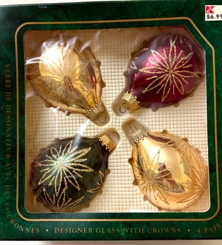 Christmas By Krebs 4 Vintage Hand Decorated Blown Glass Ornaments Red Green Gold