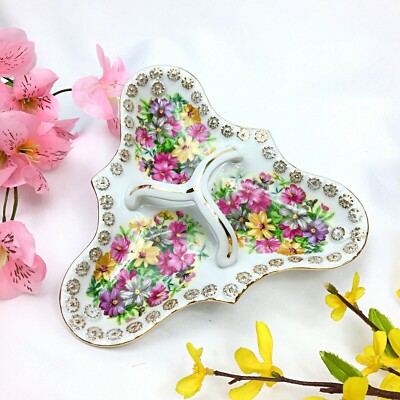 Vintage Floral Gold Gild Handled Divided Porcelain Nut Candy Dish 3 sections 