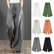 Women Vintage Casual Cotton Linen High Waist Pants Wide Leg Loose Straight Pants