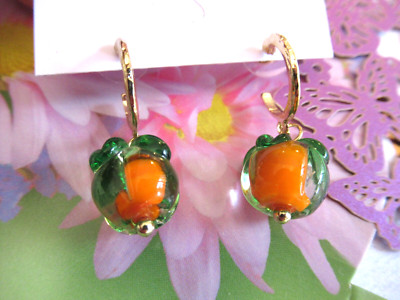Delicious Orange PEACH Leaf BLOSSOM Orange Citrus FRUIT Short Hoop Earrings