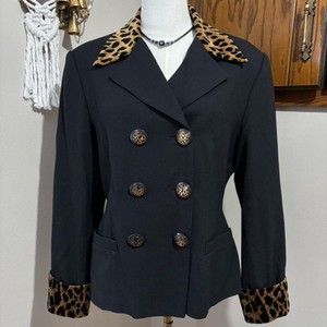 Vintage Georgiou Black Blazer Leopard Print Cuffs Button Accents Size 12
