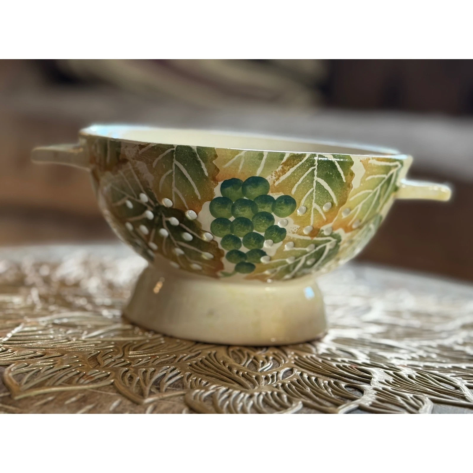 ND Hand Painted Ceramic Berry Colander Cream Green Grapes Footed Strainer