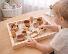 Wooden Pretend Play Dish & Tea Set Sensory Tray w/ Bowls Cups Scoop Rice