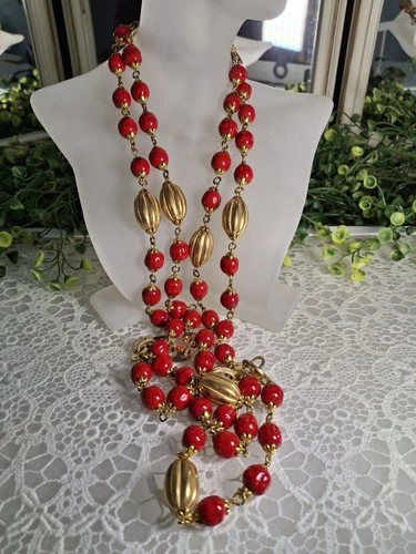 Super Long Miriam Haskell Red Glass & Gold Beaded Necklace
