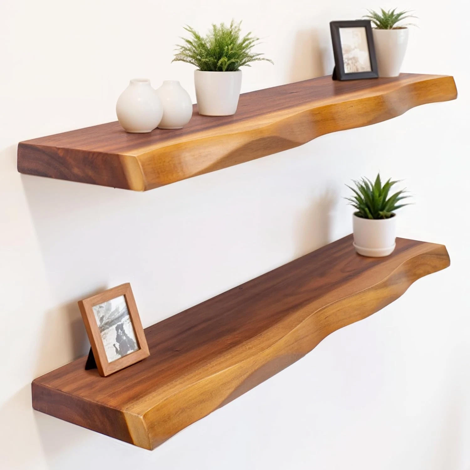 Rustic Live Edge Solid Wood Floating Shelves - Set of 2, 23.6" Natural Decor