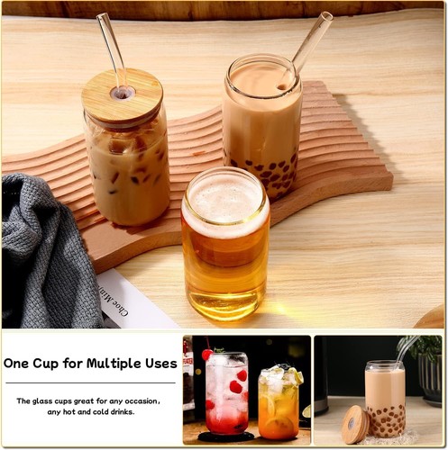 Glass Cups with Lids and Straws 4 pcs,16oz Drinking Glasses Set for Coffee Ba... - Picture 3 of 6