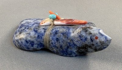 Vintage Zuni Carved Azurite Badger Fetish with Arrowhead Offering signed ''LB''