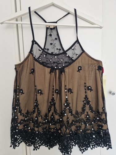 Rebellion USA Halter Neck Lace Sequins Embroidered Top Size M Black Cream Womens - Picture 3 of 14