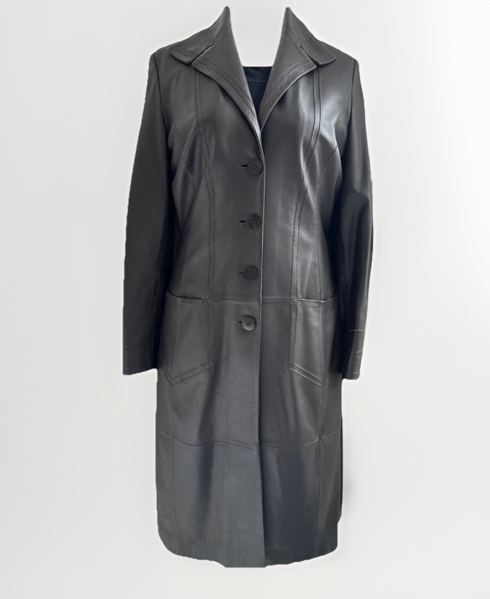 M&S genuine leather coat size 14 brown long trench VGC UK