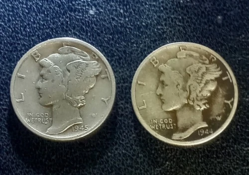 1944 and 1945 Mercury Dimes 90 % Silver