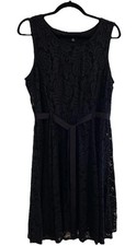Sharagano Size 14 Petite Dress 14P Sleeveless Floral Lace Tie Waist Ribbon Navy
