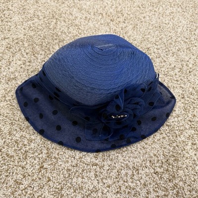 Women s Polka dots Organza Fascinator Sun Hat Navy Blue 