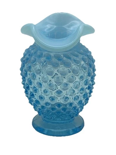 Vintage Fenton Opalescent Blue Hobnail Glass Bud Vase Fluted Top 3.75”H X 2.5”W