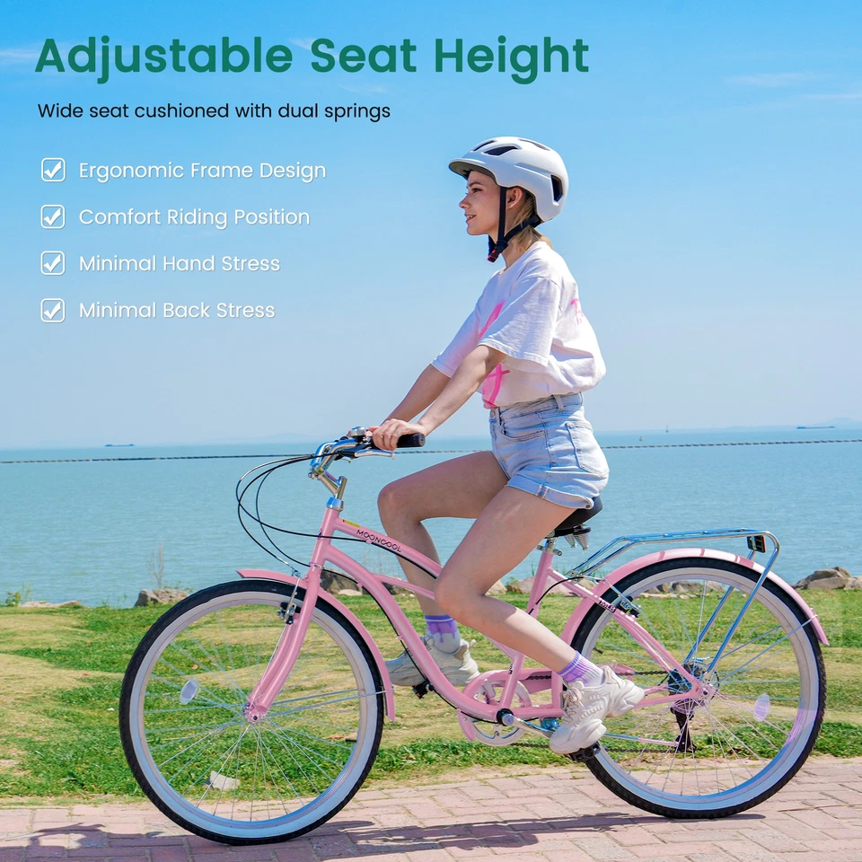 DoCred 24/26 Inch Beach Cruiser Bike,7 Speed Adult City Bicycle for Men & Women - Image 2 of 4