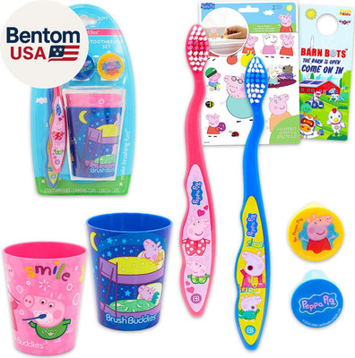 Toothbrush and Cup Travel Kit for Kids - Bundle with 2 Toothbrushes, 2 Rinsing C
