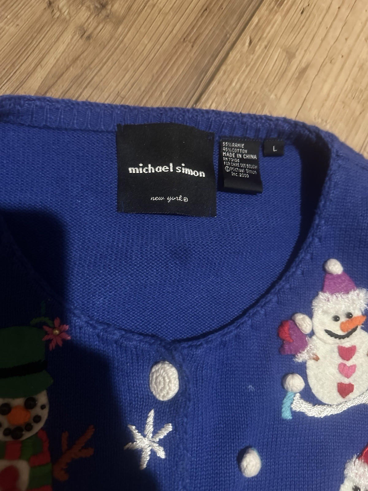 RARE! MICHAEL SIMON VTG 2000 Christmas Snowman Snowflake Blue Sweater Sz Large