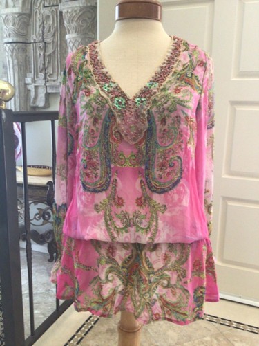 Ahshkenazy Sienna Rose Paisley beaded Smocked tunic top blouse Large NWOT - Picture 5 of 6
