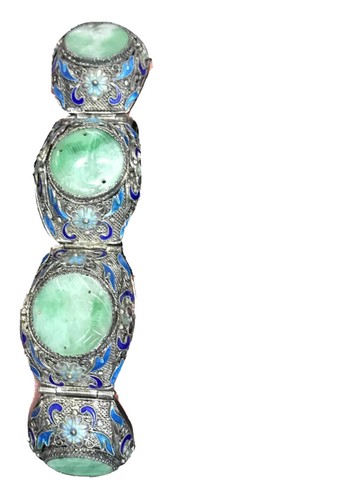 Chinese Jade Jadeite Carved Plaque Crane Silver Enamel Filigree Bracelet Set Mk - Picture 3 of 4